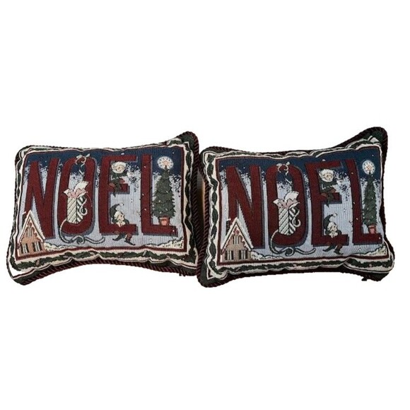 2 Vtg Newport Throw Pillows Green Burgundy Tapestry Christmas NOEL Elves - Picture 2 of 5